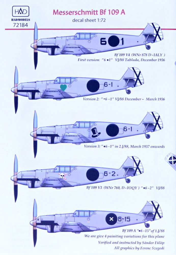 1/72 Decal Messerschmitt Bf 109A (5x camo)