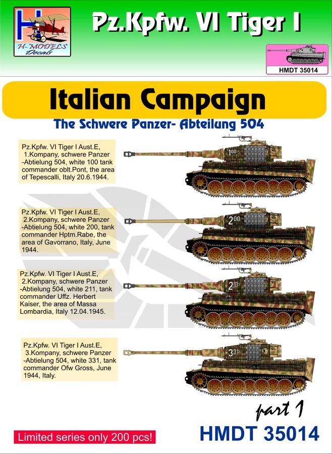 1/35 Decals Pz.Kpfw.VI Tiger I Italian Camp. Pt.1