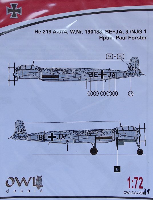 1/72 He 219 A-074, W.Nr. 190188, 3./NJG1 (decal)