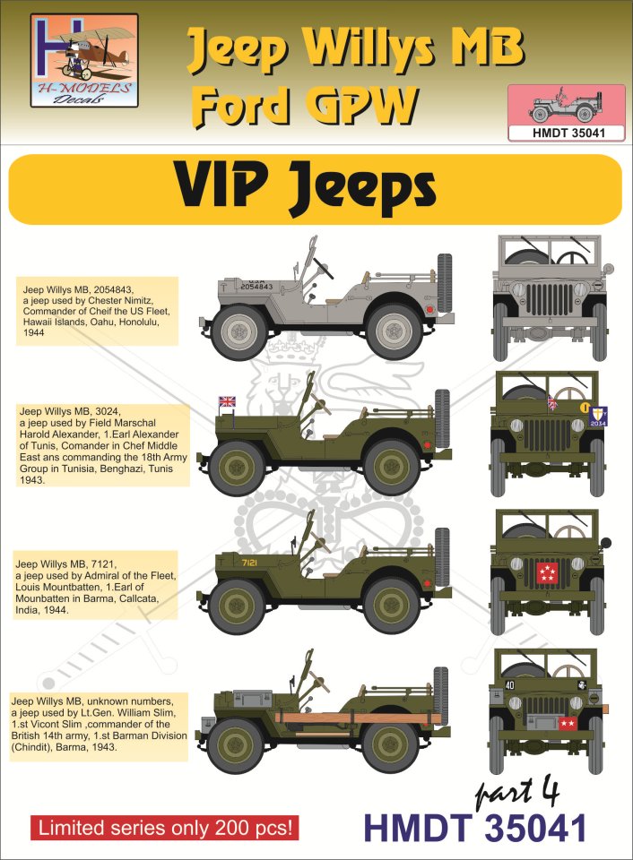 1/35 Decals Jeep Willys MB/Ford GPW VIP Jeeps 4
