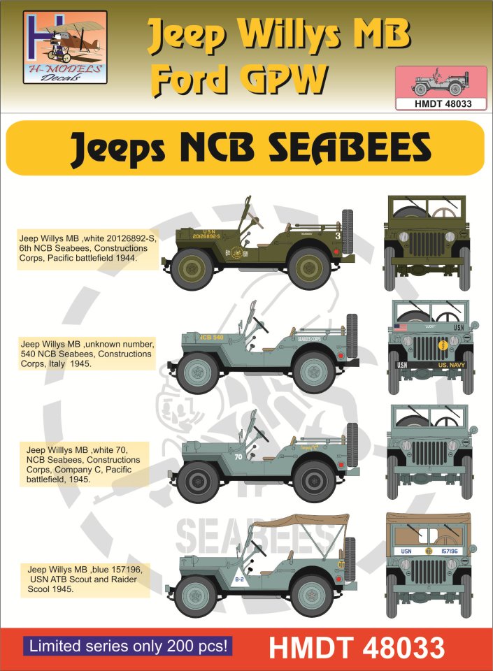1/48 Decals Jeep Willys MB/Ford GPW NCB SEABEES