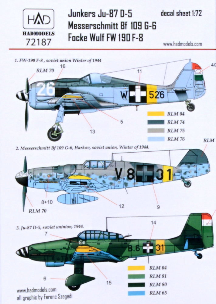 1/72 Decal Bf 109G-6, Ju-87D-5, FW 190F-8