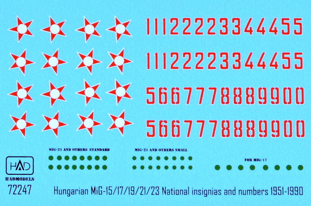 1/72 Decal MiG-15/17/19/21/23 Hungar.Nat.insignia