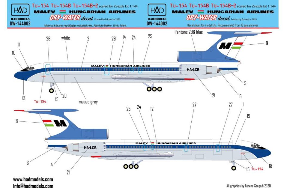 1/144 Decal Tu-154/154B/154B-2 MALÉV (dry-water)