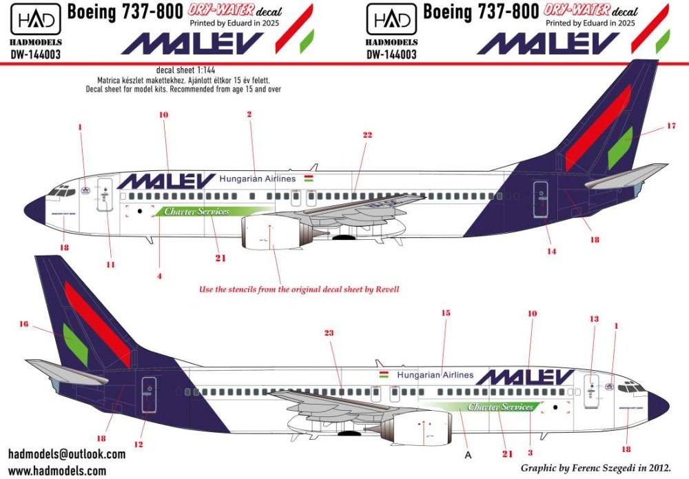 1/144 Decal Boeing 737-800 MALÉV (dry-water)